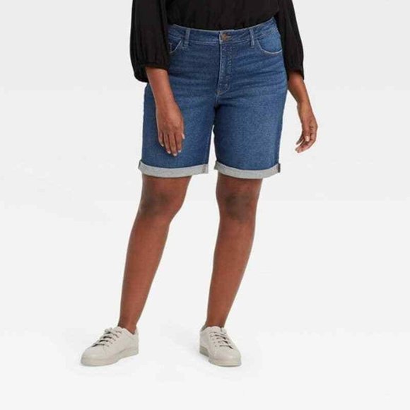 Ava & Viv Pants - Womens Plus Roll Cuff Bermuda Jean Shorts Ava & Viv Dark Wash 24W High Rise Long